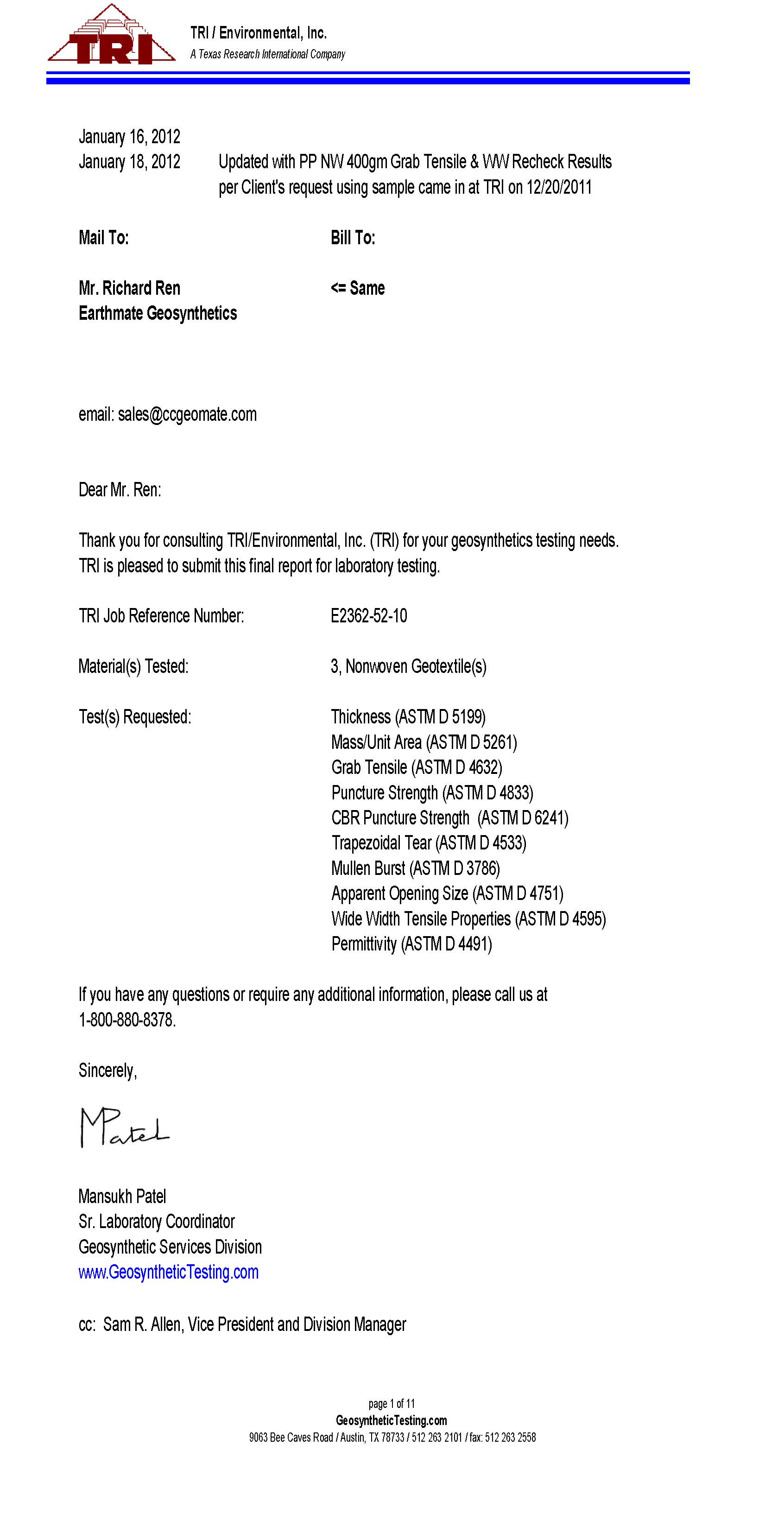 INFORME DE PRUEBA | TRI | VIGORTEX GEOTEXTILES NO TEJIDOS